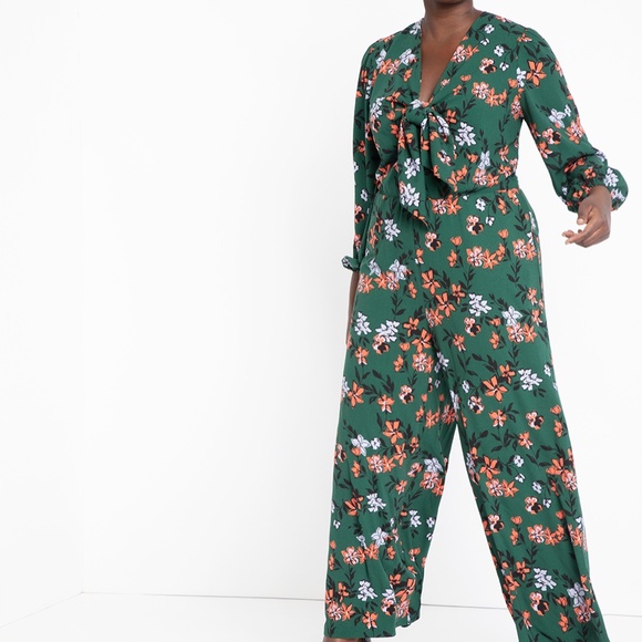 Eloquii green floral tie front jumpsuit size 14 - Picture 2 of 3
